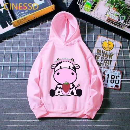 Kawaii Kids Clothes Funny Strawberry Cow Animal Print Hoodies Harajuku Tracksuit 3-15 Years Winter Spring Children Clothing