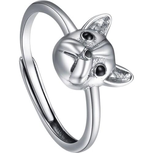 Kpop 925 Sterling Silver Dog Ring Vintage Animal Jewelry Black Enamel Adjustable Bulldog Ring Gifts for Women R6163