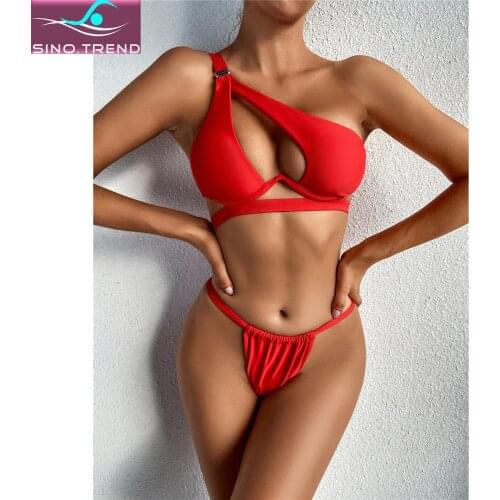 Red New One Shoulder V-bar Underwired Bikini Set Push Up Black Swimsuit Female Swimwear Women Two-pieces Bather Bathing Suit