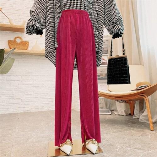 Summer Ice silk Pants Women Slim Slit Pleated Pants Solid Color High Waist Trousers Elegant plus size M-8XL Trousers Streetwear