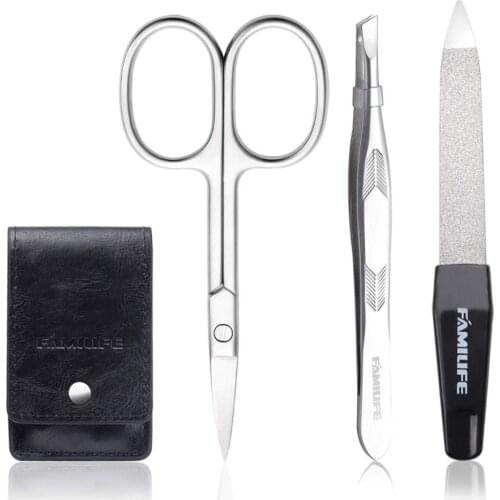 FAMILIFE 3 in 1 Eyebrow Kit, Including Facial Eyebrow Scissors,Tweezers,Nail File, Beauty Tool With a Leather Storage Bag