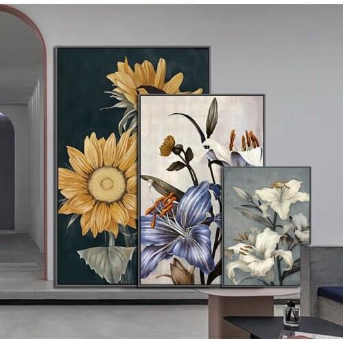 Retro Flowers Wall Art Sunflower Lily Canvas Painting Nordic Posters and Prints Minimalist Pictures for Living Room Home Decor