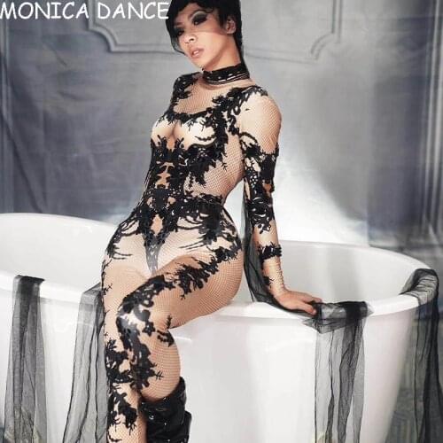 Sexy Floral Print Nude Stage Jumpsuit Nightclub Pole Dance Catsuit Singer Dj Leotard Costumes Women Stretch Skinny Jumpsuit