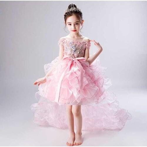 Stunning Girls Puffy Princess Dress Children Baby Pink Shoulderless Ball Gowns Kids Birthday Performance Show Party Costumes