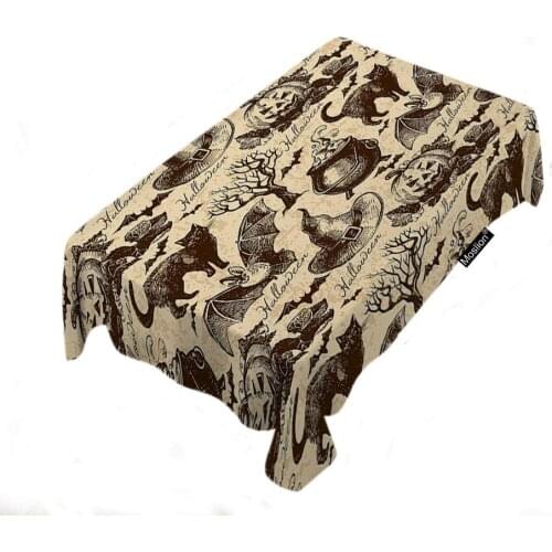 Halloween Pattern Retro Vintage Style Animal Cat Pumpkin Owl Bat Witch Hat Tree Rectangle Tablecloth