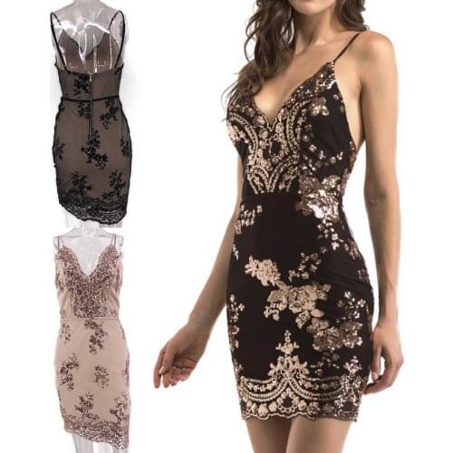 Deep V Neck Backless Sexy Women Party Dresses 2019 Summer Bodycon Dress Women Elegant Lady Fashion Nightclub Sequin Dress Hot