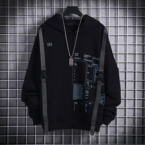 Ribbons Techwear Hip Hop Hooded Autumn Winter Hoodies Sweatshirts Men Sport Letter Casual Streetwear Black Male Pullover
