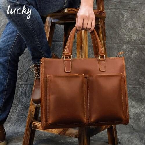 Vintage Crazy Horse Leather Business Briefcase Genuine Leather Men Work Handbag 14" Laptop Bag
