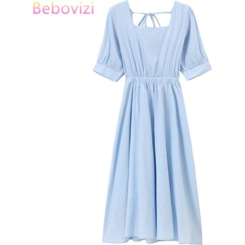 High Quality Cotton Blue White Solid Fashion Korean Woman Midi Dresses Sweet Preppy Style Short Sleeve Summer Girl Za dress 2020