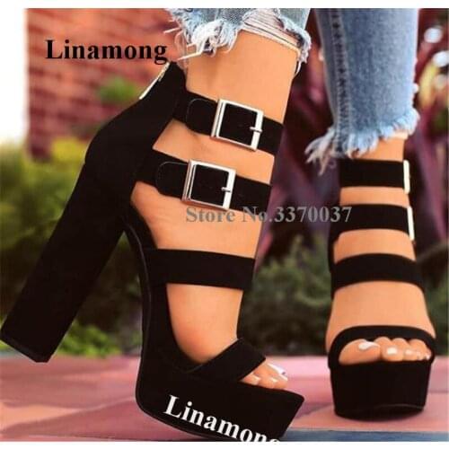 Linamong Women Elegant Open Toe Suede Leather High Platform Chunky Heel Sandals Black Straps Buckles Thick High Heel Sandals