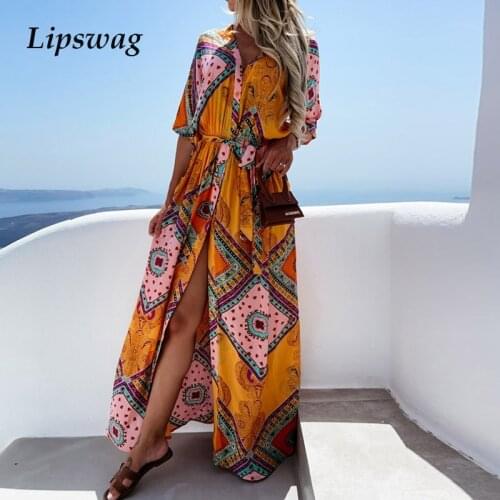 Women Vintage Lace-Up Party Maxi Dresses Pattern Print Casual Elegant Boho Beach Dress Sexy V-Neck High Slit Long Dress Vestidos
