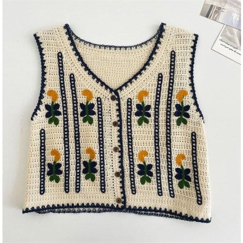 Bohemian Floral Embroidery Retro Crochet Vest Women Sleeveless Waistcoat Crop Top Summer Knit Vests Cardigan Mujer
