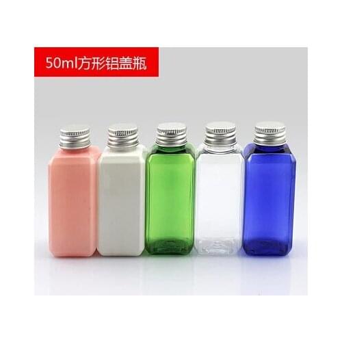 50ML Square Aluminum Cap Bottle Metal Lid PET Plastic Trial Pack Sample Bottle 20PCS/LOT
