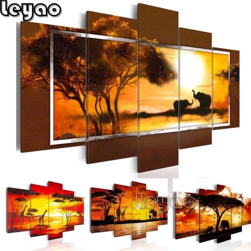 5d diy diamond painting 5 Pieces African Animal Landscape Elephant Giraffe full square round drill mosaic embroidery home decor