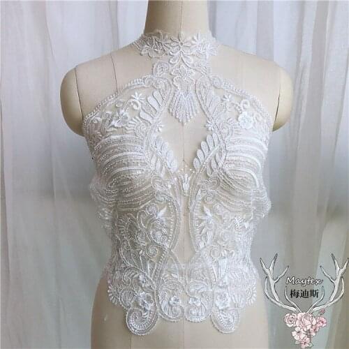 White bead pearls Lace embroidery patches Sequins LACE decals flower Applique for DIY Wedding dress 38 * 47cm