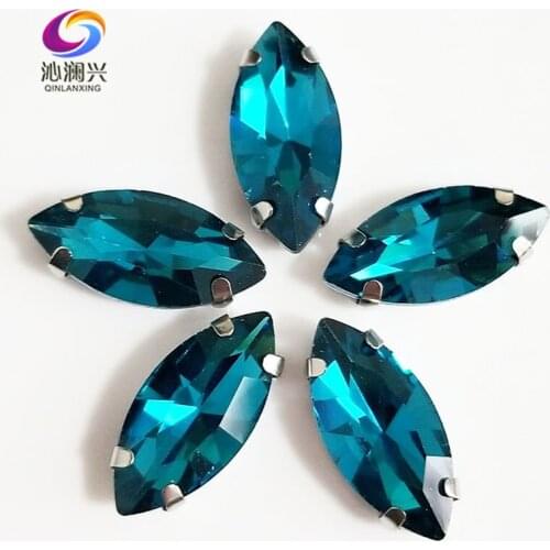 Free shipping Peacock blue Horse eye shape High quality Glass Crystal sew on claw rhinestones,Diy Clothing accessories SWM14