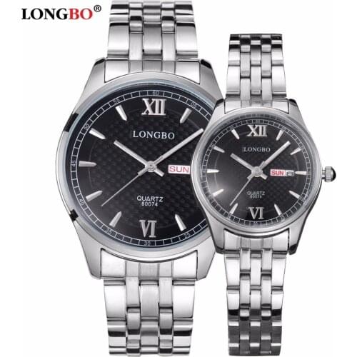 LONGBO Luxury Lovers Couple Watches Men Date Day Waterproof Women Gold Stainless Steel Quartz Wristwatch Montre Homme 80074