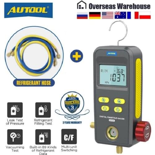 AUTOOL LM110 PLUS Digital Refrigeration Manifold HVAC Meter Vacuum Pressure Temp Air Conditioning Tester with Refrigerant Pipe