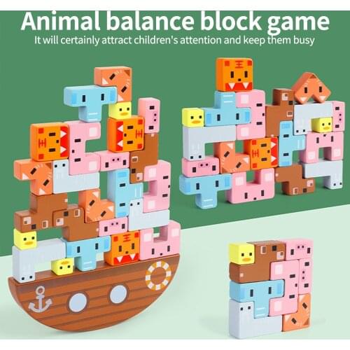 24Pcs/Set Montessori Wooden Animal Balance Boat Toys Educational Stacking High Building Block Toy Gifts Kids Gift