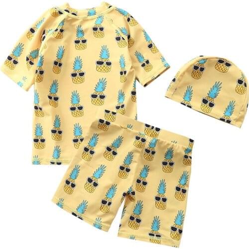 Childrens swimsuit, male baby split swimsuit, boy middle and small children yellow pineapple hooded short sleeve boy swimsuit