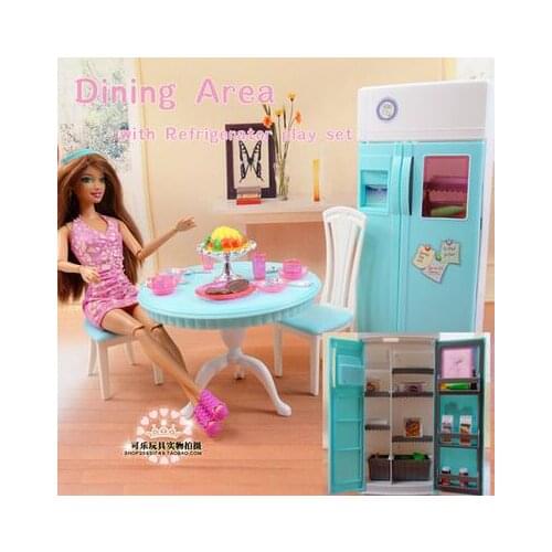 For original barbie kitchen dollhouse Furniture kitchen table refrigerator set girl toy barbie accessories house