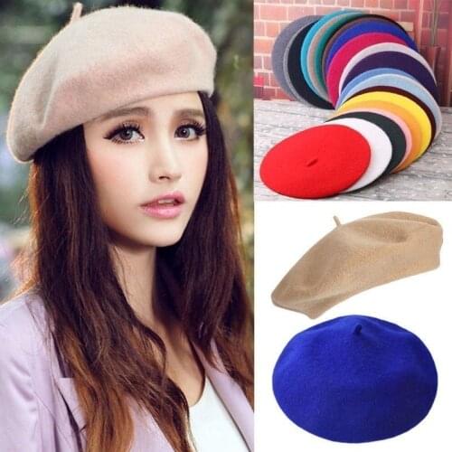 Women Girls Beret French Artist Warm Wool Winter Beanie Hat Retro Vintage Plain Beret Solid Color Elegant Ladies