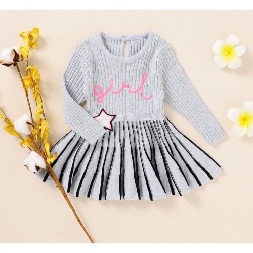 FOCUSNORM 2021 Autumn Baby Girl Lovely Dress Outfits 0-18M Long Sleeve Letter Star Knitting Pleated Dresses