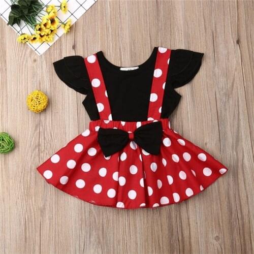 New Baby Girls Ruffles Sleeveless T-shirt+Girl Bowknot Dot Red Suspender Skirt Baby Outfit Summer Clothing Toddler 2PCS set