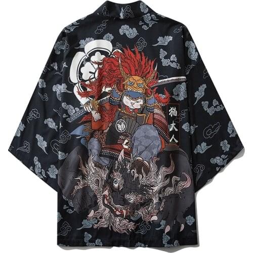 Japanese Style Cat Samurai Kimono Streetwear Men Women Cardigan Japan Harajuku Anime Robe Anime Clothes 2020 Summer