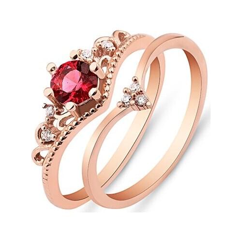 Good Looking Red Zircon Double Queen Rings Rose Gold Plated Womens 925 Sterling Silver Jewelry Ring