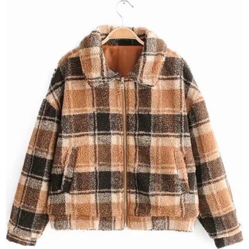 Merodi Women Autumn Vintgae Pliad Khaki Warm Loose Jackets Female Casual Long Sleeve Zipper Woolen Outwear Hairy Jacket Chic