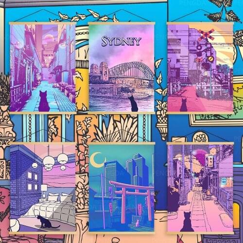 Canvas Wall Art Cat Moon Prints Painting Solid Wood Hanging Scrolls Posters Japan Anime Home Decor Living Room Modular Pictures