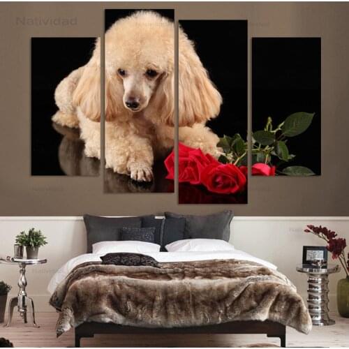 Prints Dogs and Roses Wall Decorations 4 Pieces Canvas Photo Artwork Paintings Living Room Home Decor Pictures Without Frame