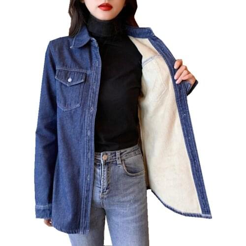 New Autumn winter women Warm thickening pocket long sleeve blouse cotton flannel Denim shirt casual tops plus size