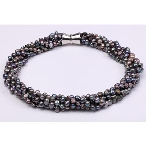 5 strands 9mm black colors baroque flat pearl necklace magnet clasp natural freshwater pearl Woman Jewelry 35cm 14'' 43cm 17