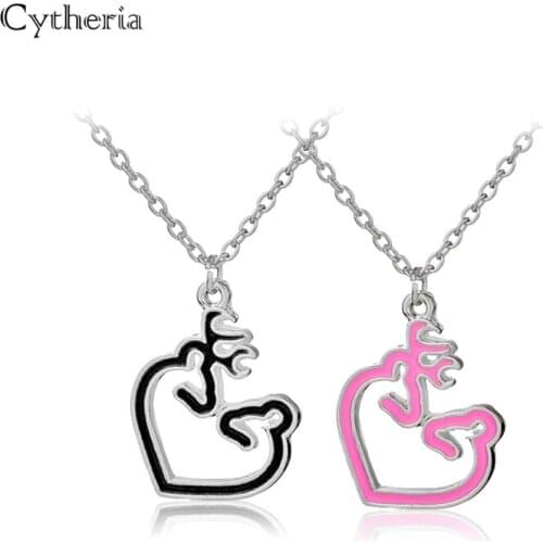 Her buck his doe Necklaces Pendants pink black color enamel Heart shape Deer necklace Buck Doe collar for lover boyfriend girl