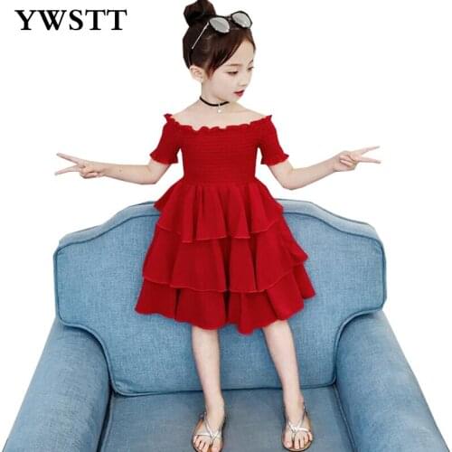 Girls Spring Summer A-LINE Dress Word Shoulder Printed Wrapped Chest Slash Short Sleeveless Midi Casual Dress for Girl