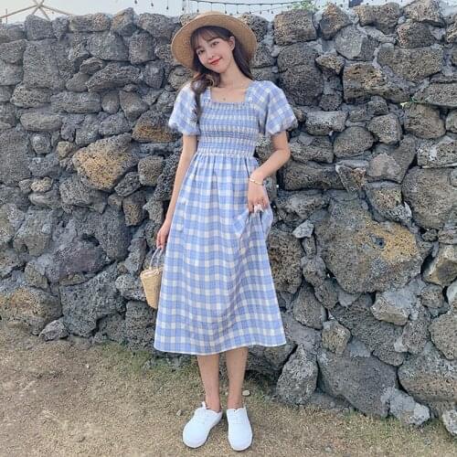 Bubble sleeve dress womens shoulder belt A-line casual Plaid printing sexy womens slim dress elegant fashion chic party