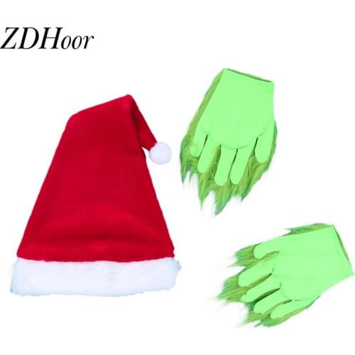 Christmas Grinch Costumes Accessory Funny Cosplay Furry Gloves with Santa Hat Exotic Role Play Party Photo Props for Kids Adult