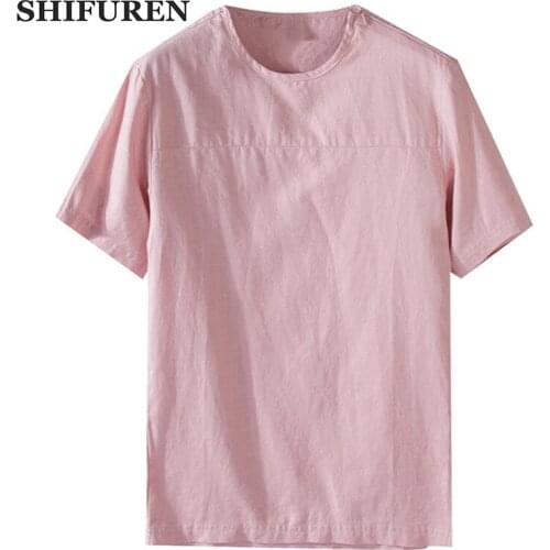 SHIFUREN New Summer Brand Shirt Men Short Sleeve Loose Thin Breathable Cotton Linen Shirts Causal Male O-Neck Blouses Tops