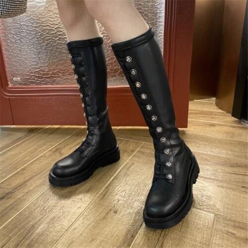PXELENA Plus Size 34-43 Button Women Leather Combat Motorcycle Riding Knight Knee High Snow Boots Punk Rock Gothic Shoes Chunky
