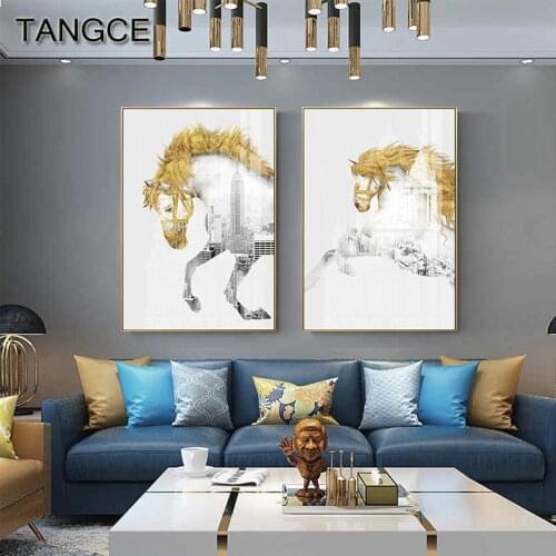 Modern Abstract Running Horse Painting Animal Wall Art Posters Prints Golden Wall Pictures for Living Room Pop Saudi Home Decor