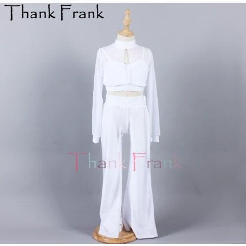 New White Contemproray Dance Costumes Women Girls 2 Pieces Set (Top And Wide Leg Pants) Long Sleeve Modern Costume For Dancing