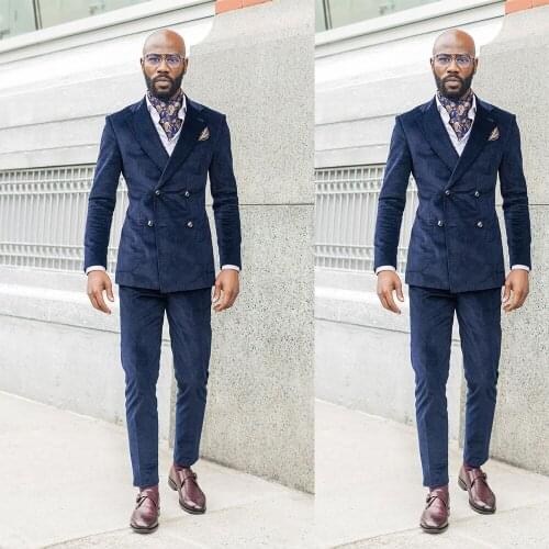 Dark Blue Velvet Mens Wedding Tuxedos 2 Pieces Classic Fit Double Breasted Casual Warm Suits for Wedding Groomsmen Jacket Blazer