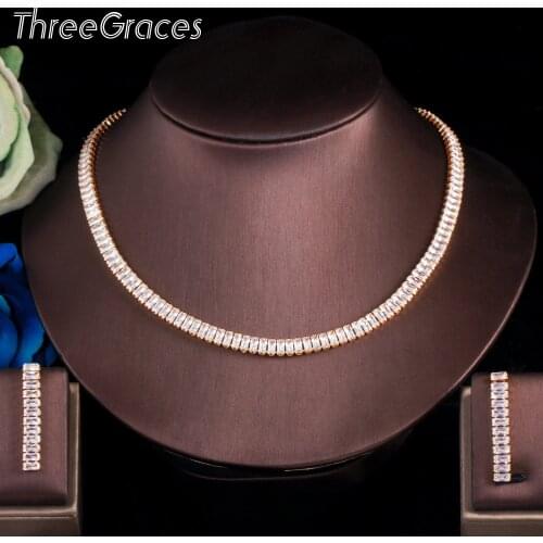 ThreeGraces Top Quality Cubic Zirconia Gold Color Shiny Square Link Earrings Necklace Set for Brides Wedding Party Jewelry TZ587