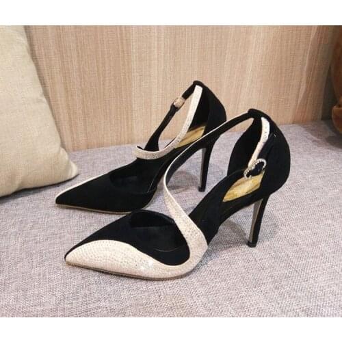 Fashion woman white black pointed toe buckle high heel rhinestone shoes women crystal high heel stiletto shoes