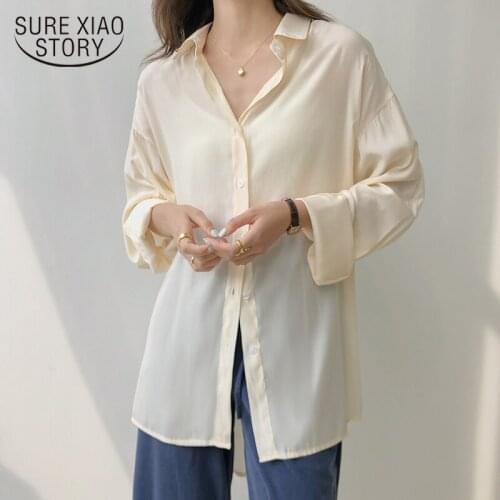 Spring Fashion Button Up Solid Shirt Plus Size Vintage Blouse Women Apricot Lady Long Sleeves Female Loose Street Shirts 13359
