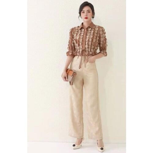 Top Quality Womens Set 2021 Spring Summer Pant Suits Ladies Leaves Patterns Crop Tops+Vintage Jacquard Prints Long Pant Sets