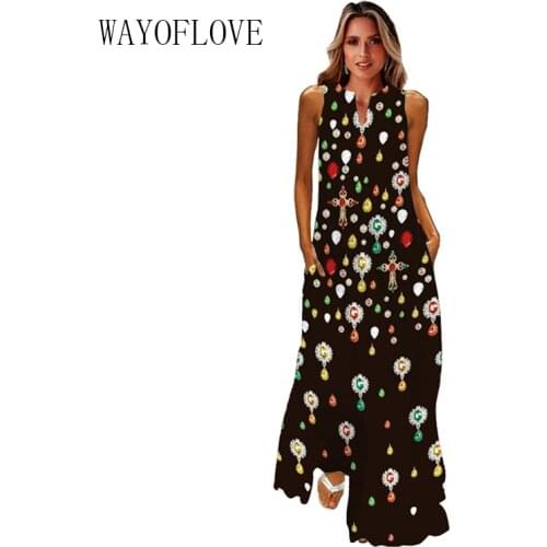 WAYOFLOVE Eardrop Print Black Dress Elegant Casual Plus Size Long Dresses Summer Woman Sleeveless Girls Summer Beach Dress Women