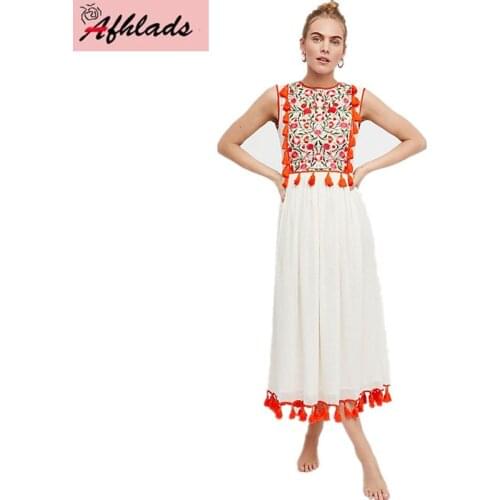 Spring and summer brand holiday beach dress bohemian flower embroidery tassel vest sleeveless round neck fashion long dress